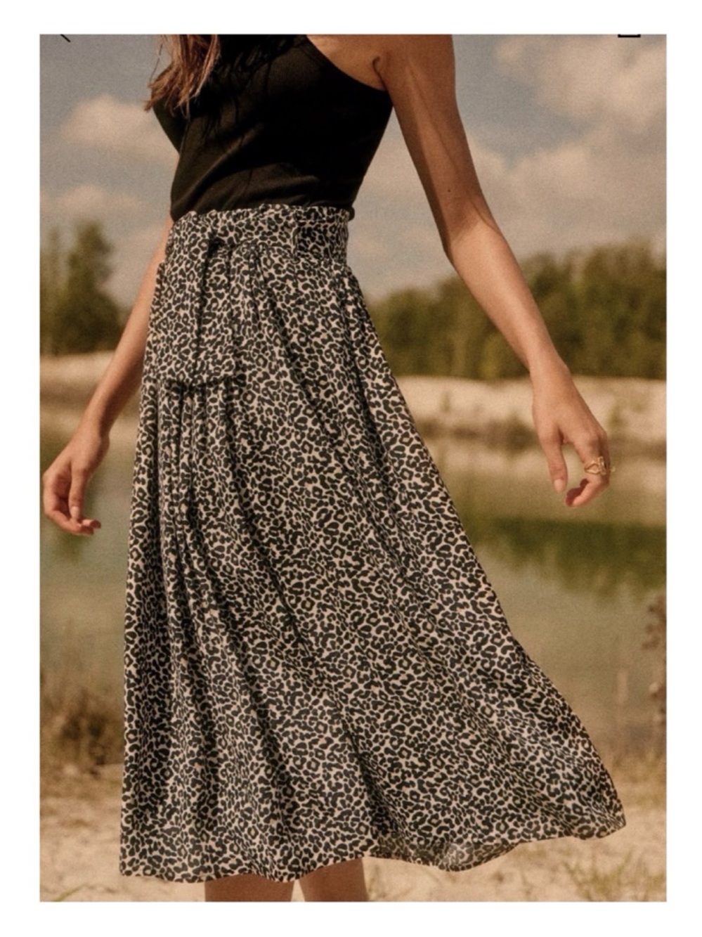 Sezane Leopard Print Tiered Midi Skirt - Black and White
